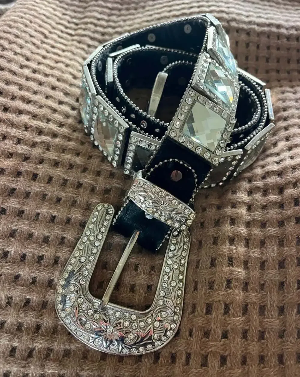 WB Atlas Western Rhinestone Bling Belt Black Leather Crystal Studded Size M